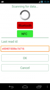 Schermata di scansione tag RFID via NFC oppure bluetooth